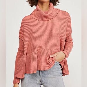 FREE PEOPLE Layer Caked Peplum Ruffle Hem Knit Crop Cowlneck Long Sleeve Sweater